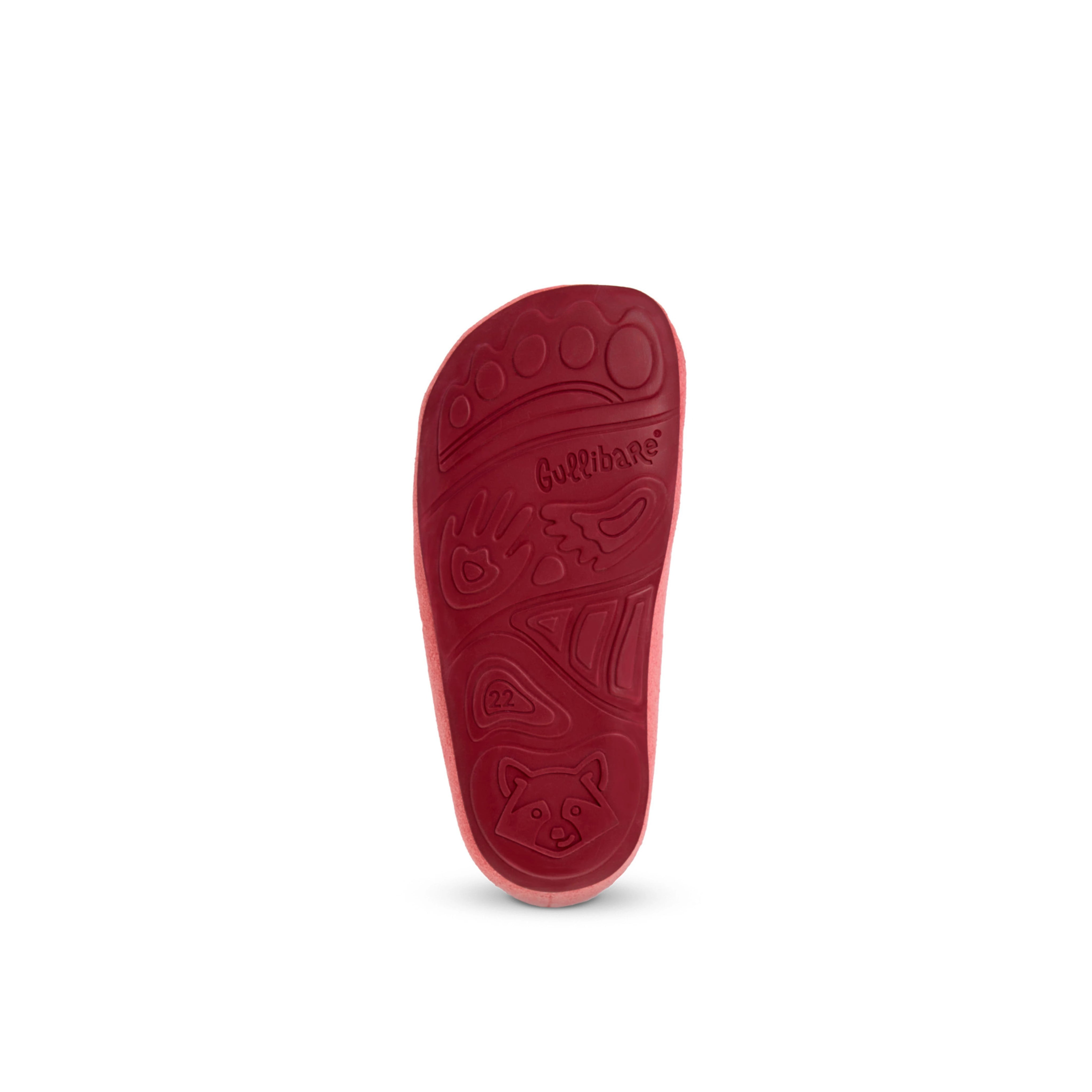 Suela flexible del calzado respetuoso Gullibare en color rojo para bebé, mostrada sobre fondo blanco, ergonómica y flexible.
