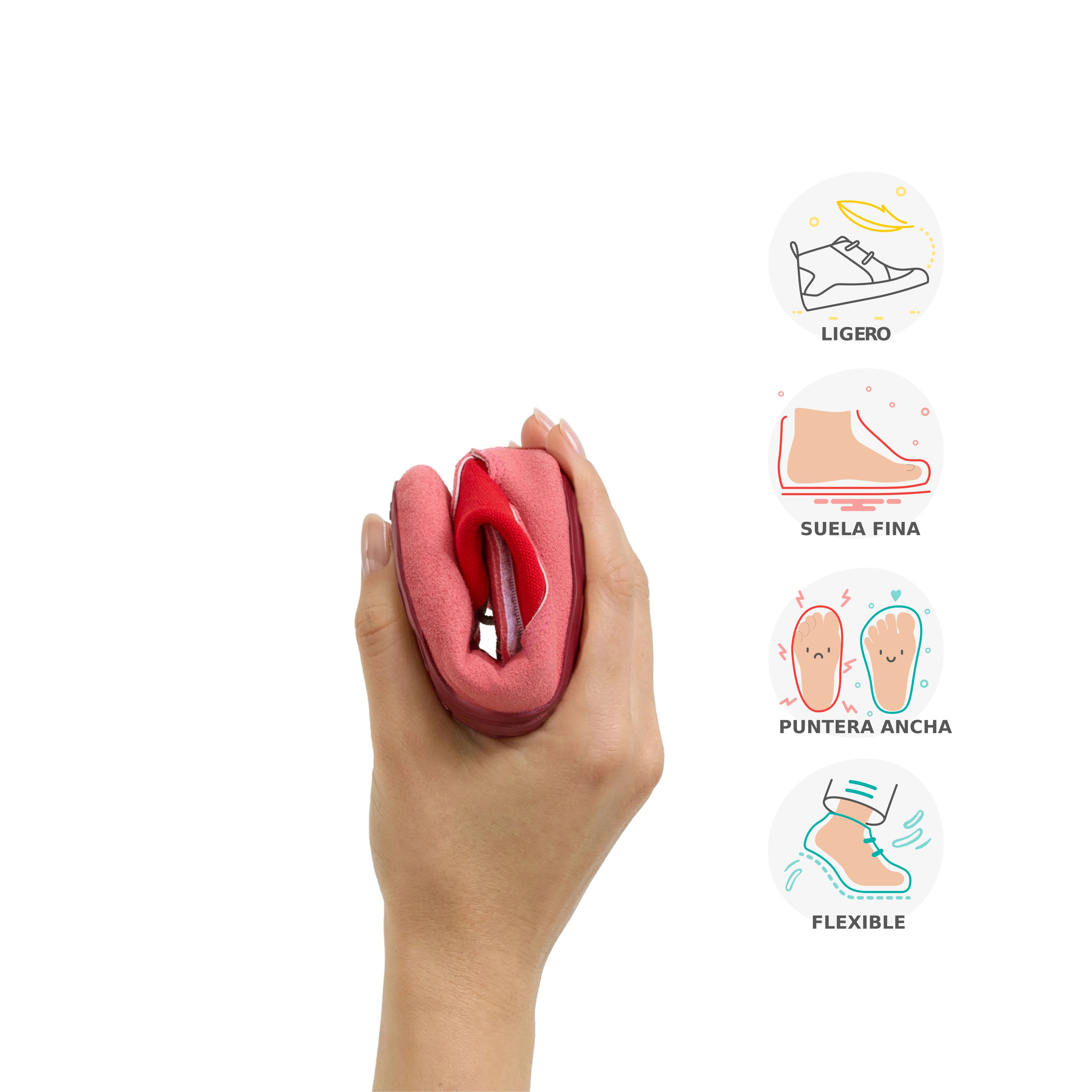 Calzado respetuoso para bebé Gullibare en color rojo, flexible y fácil de doblar con una sola mano.