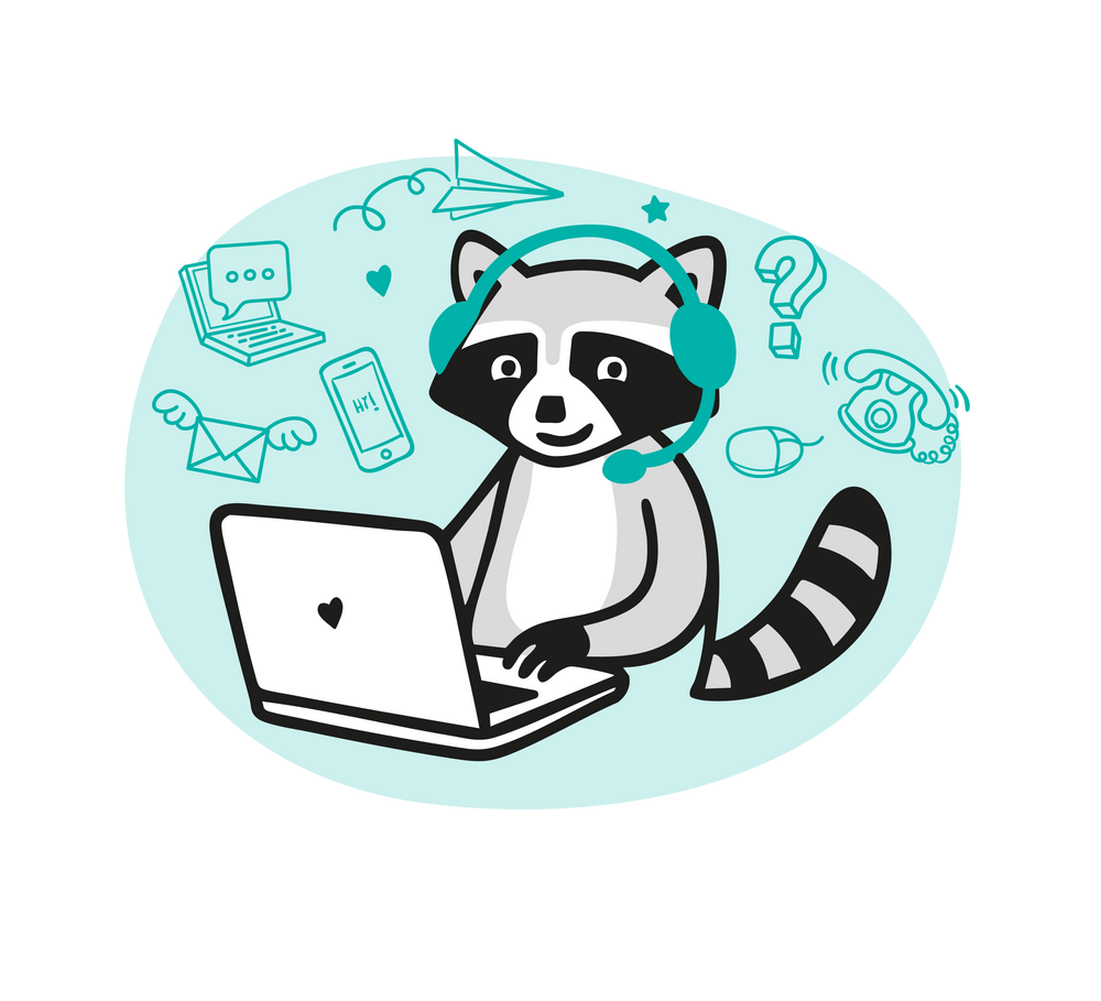 Mapache de Gullibare atendiendo desde su laptop, símbolo del contacto cercano y amable con cada familia.