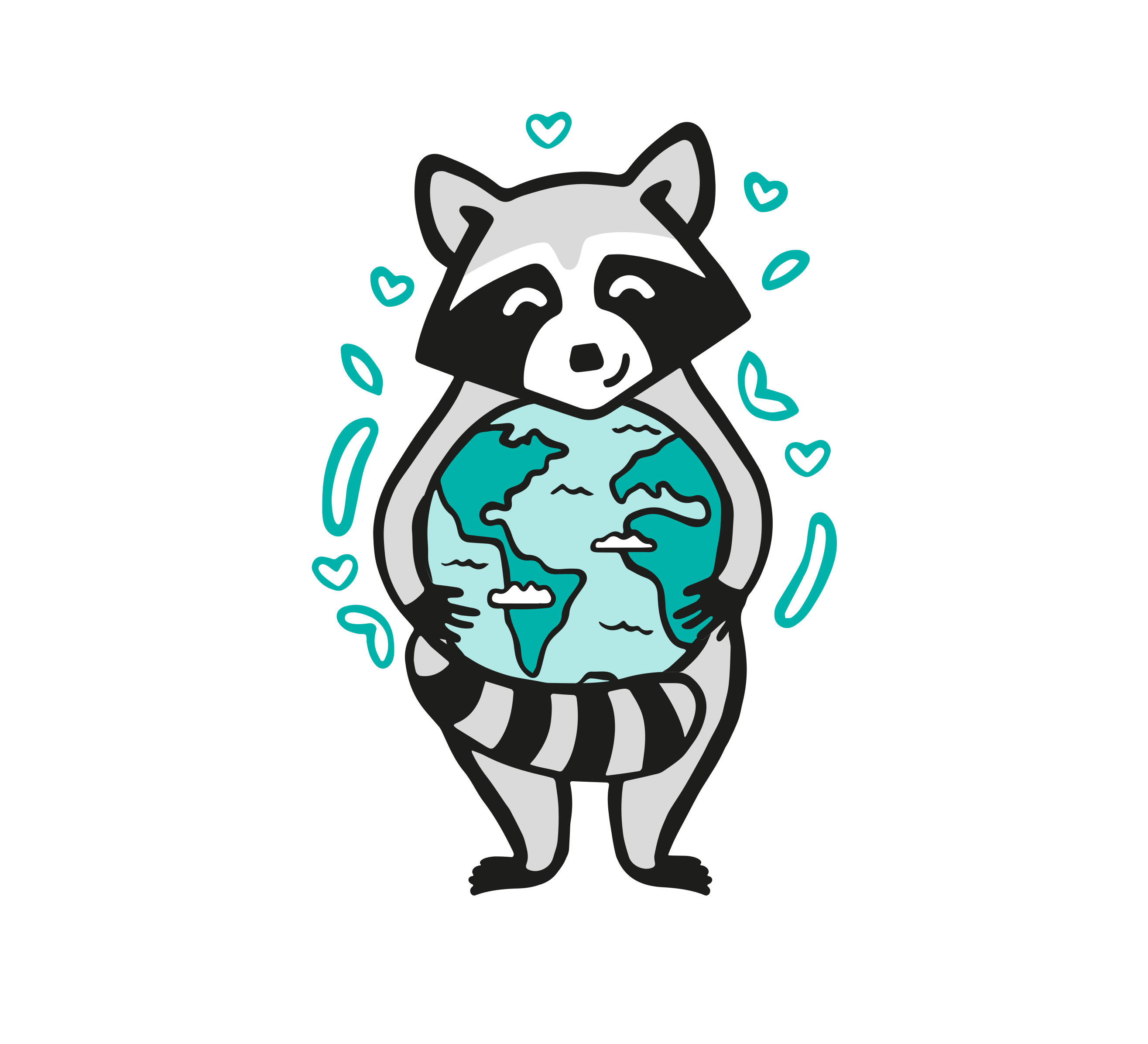 Ilustración de un mapache abrazando el planeta Tierra, símbolo del compromiso de Gullibare con la sostenibilidad y el calzado respetuoso con el mundo.