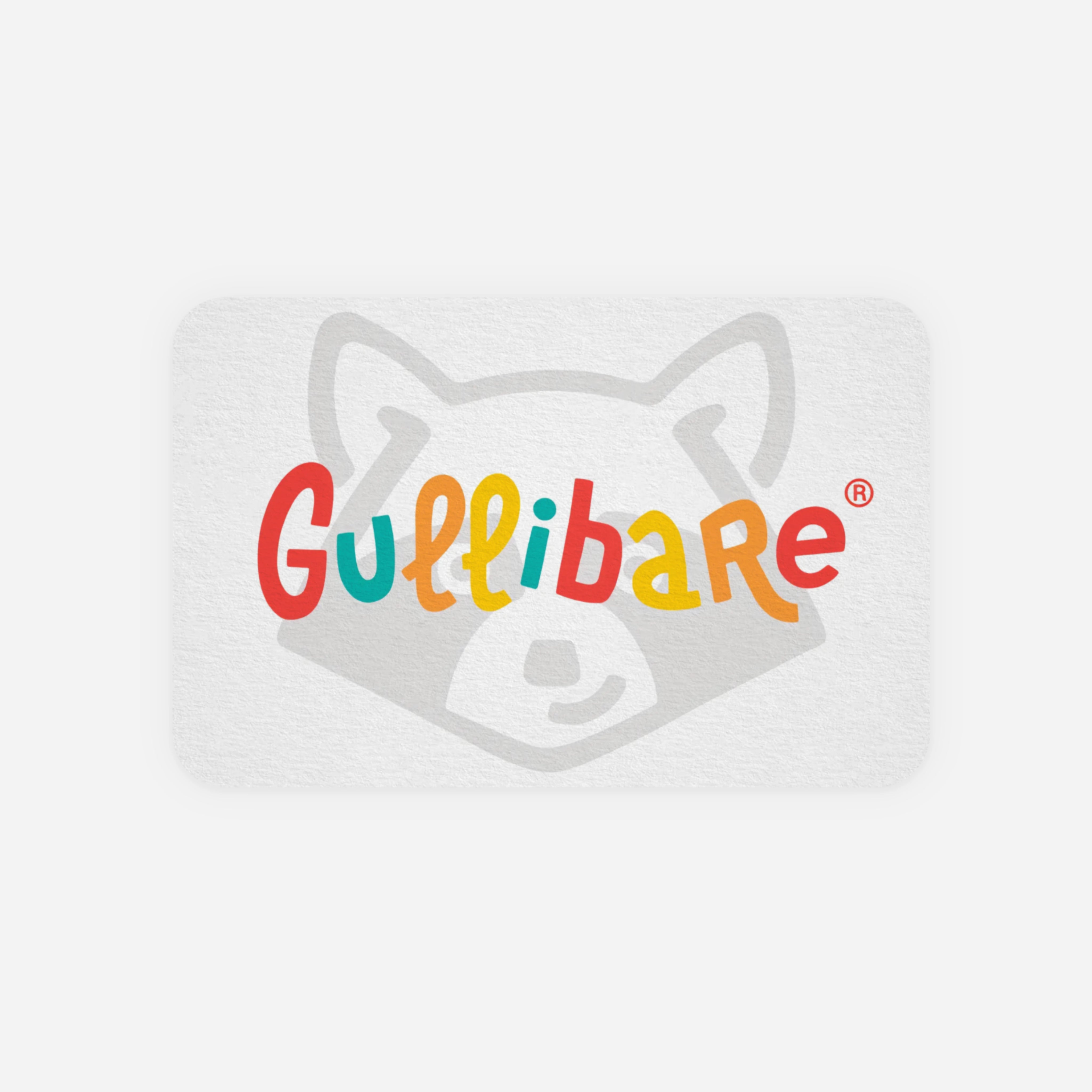 Tarjeta de regalo Gullibare® sobre fondo cálido con ilustraciones de colores, utilizada para promociones y la tienda online.