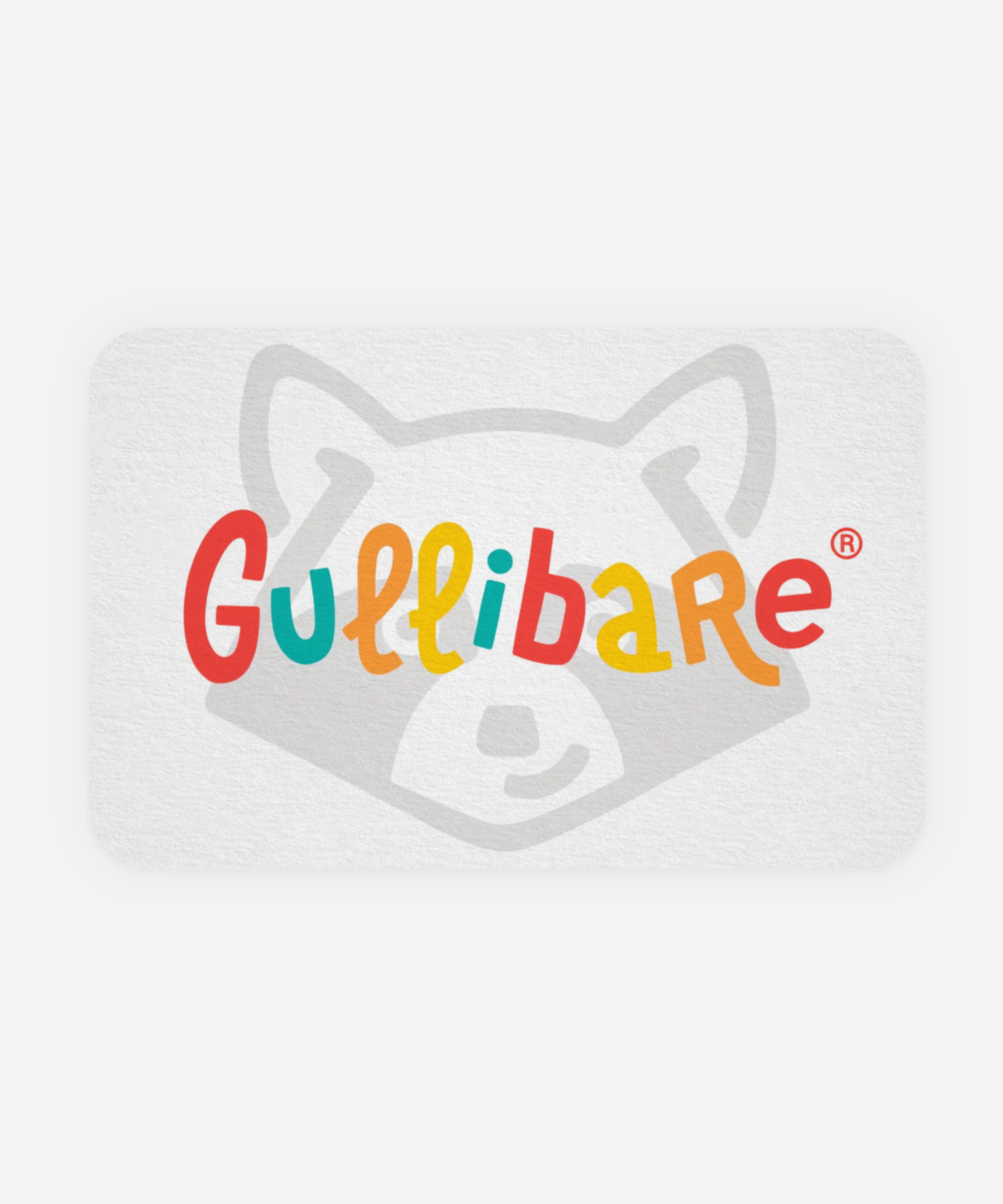 Tarjeta de regalo Gullibare® sobre fondo cálido con ilustraciones de colores, utilizada para promociones y la tienda online.
